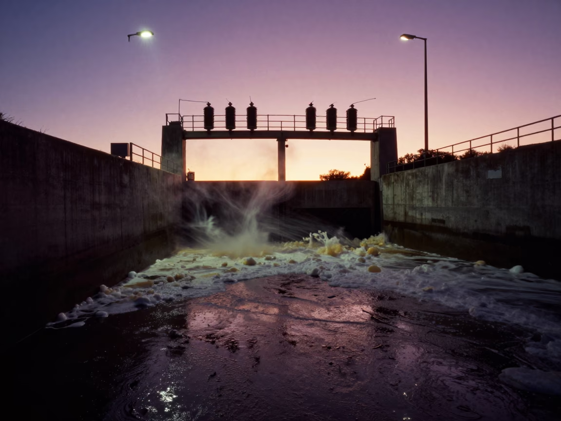 Silhouetted Sluice Gate Bay Amidst Pampas Twilight Foam in across a windy overpass interchange in the Pampas