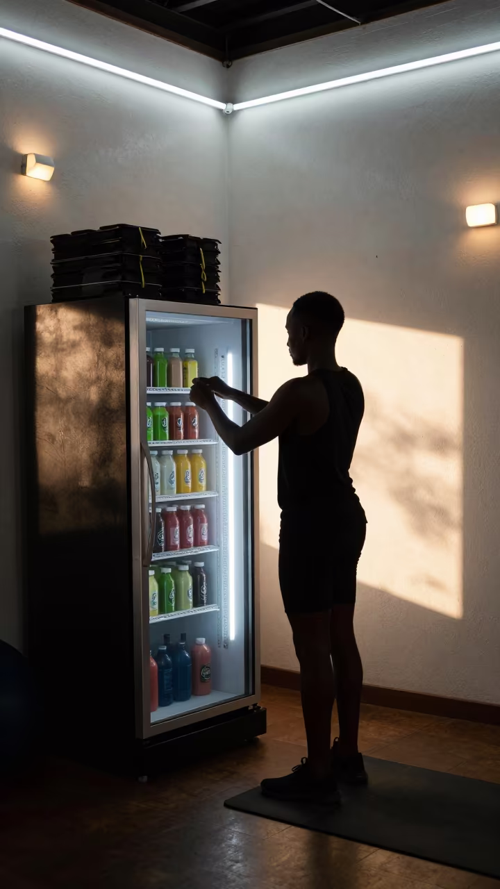 Silhouetted Smoothie Fridge in Kitale Yoga Studio in inside a yoga studio before the session begins near Kitale