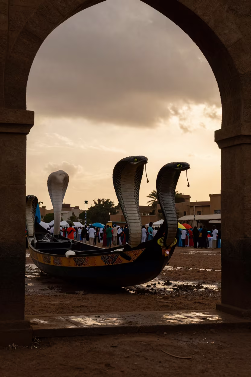 Silhouetted Snake Boats Festival at Golden Hour in at a public square during a festival near Nouakchott