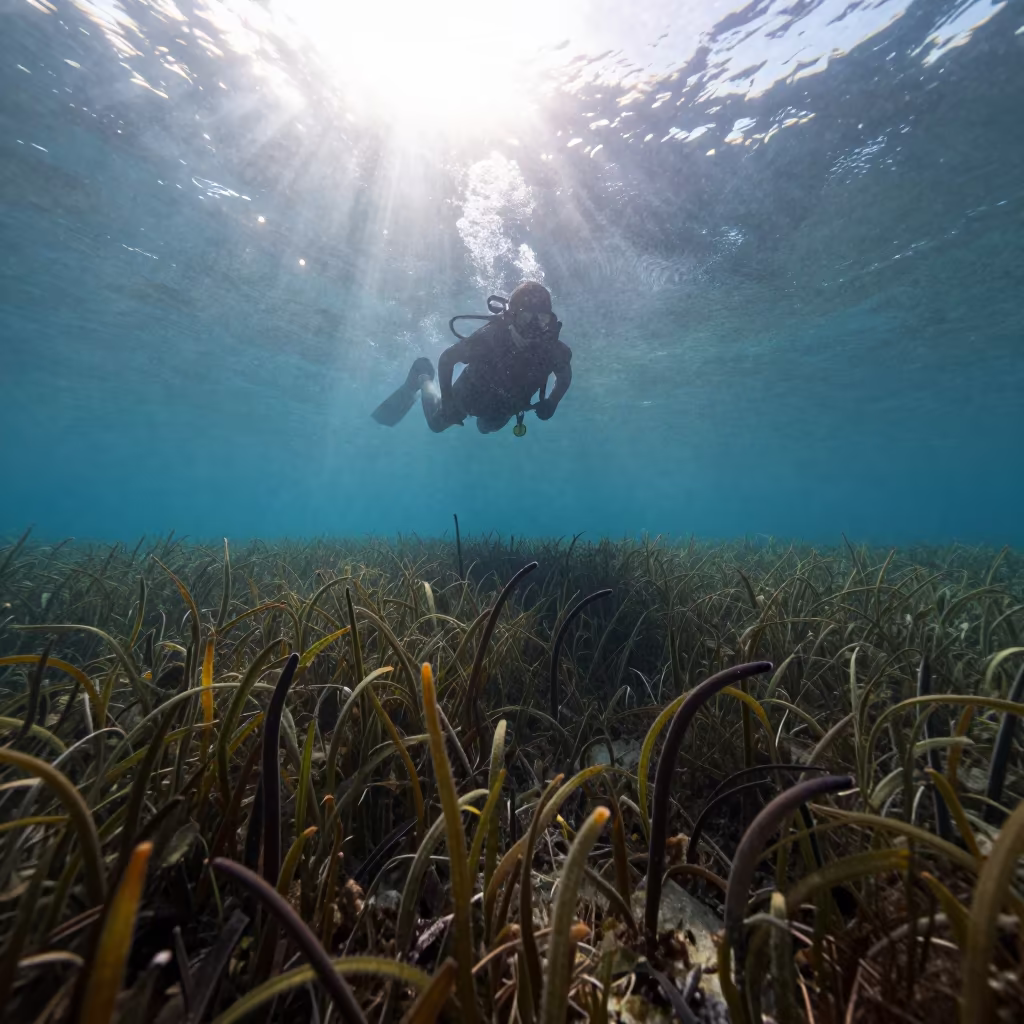 Silhouetted Snorkeler Above Swaying Garden Eels in above a seagrass meadow in California