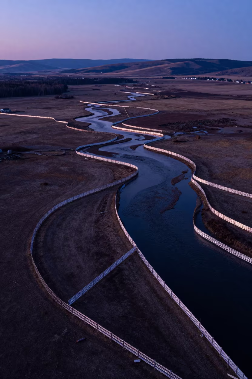 Silhouetted Snow Fences Over Braided Rivers in high above braided river channels in British Columbia