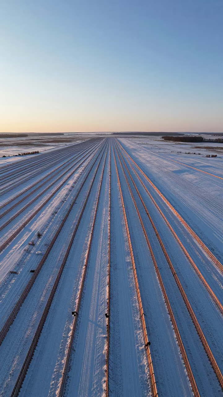 Silhouetted Snow Fences Across Siberian Prairie in high above patterned rooftops in Siberia