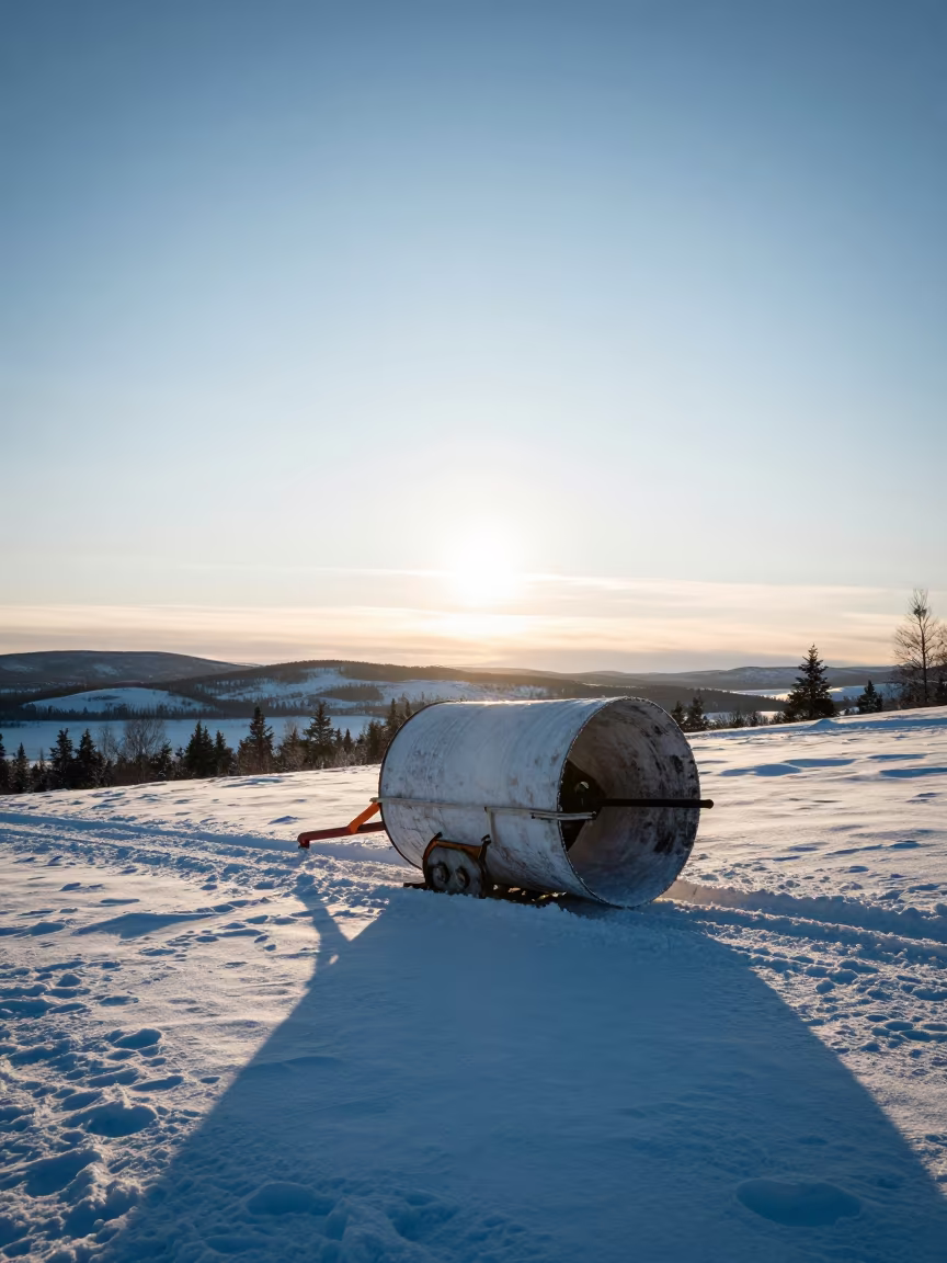 Silhouetted Snow Roller on Finnish Hillside at Golden Hour in in Finland