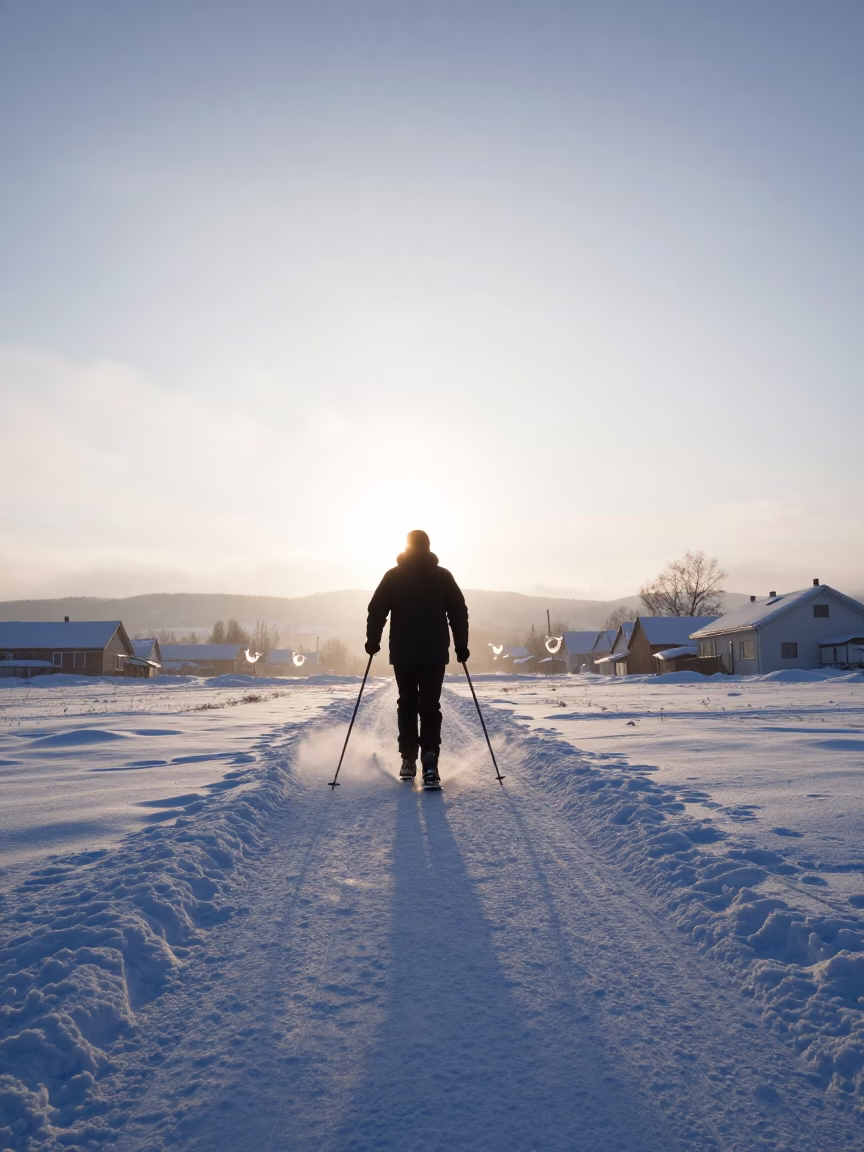 Silhouetted Snowshoer in Misty Sapporo Sunset in in a village lane near Sapporo