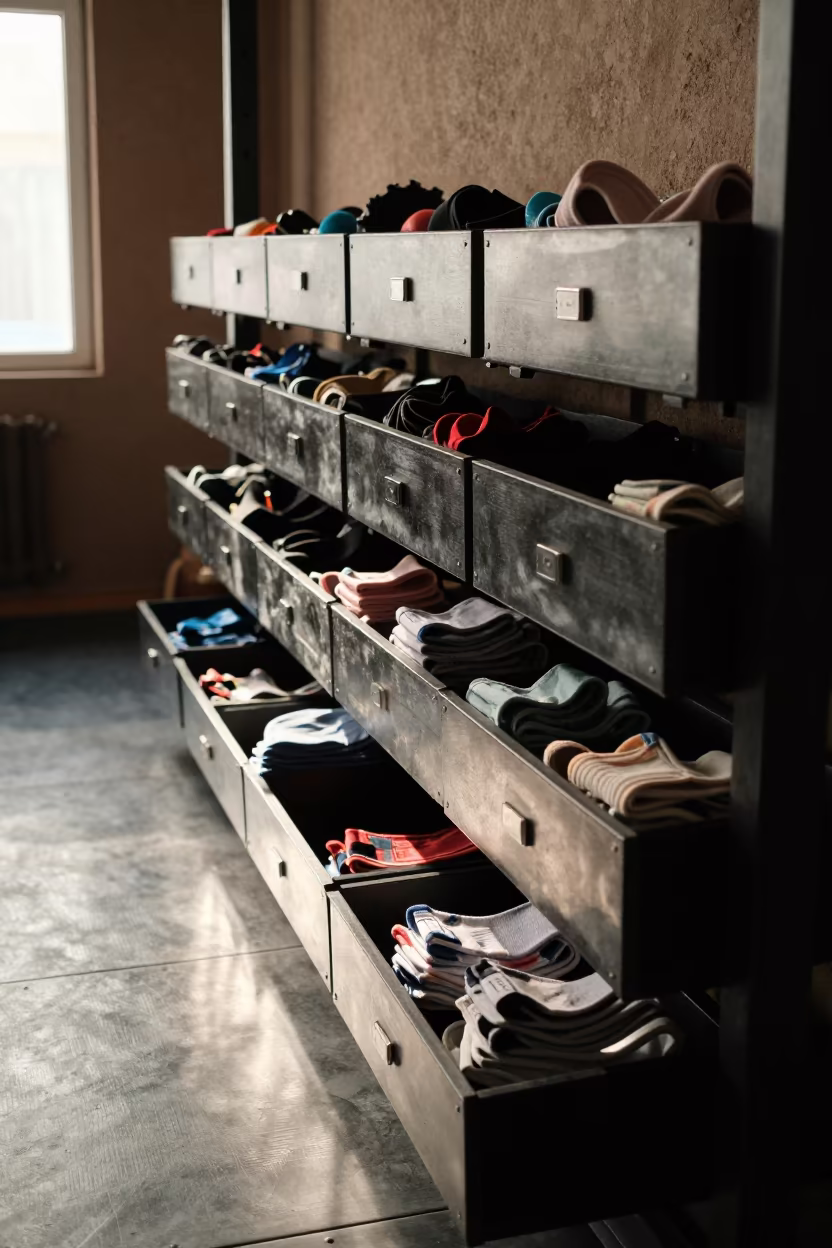 Silhouetted Sock Drawer in Al Diwaniyah Gym in inside a climbing gym warmup zone in Al Diwaniyah