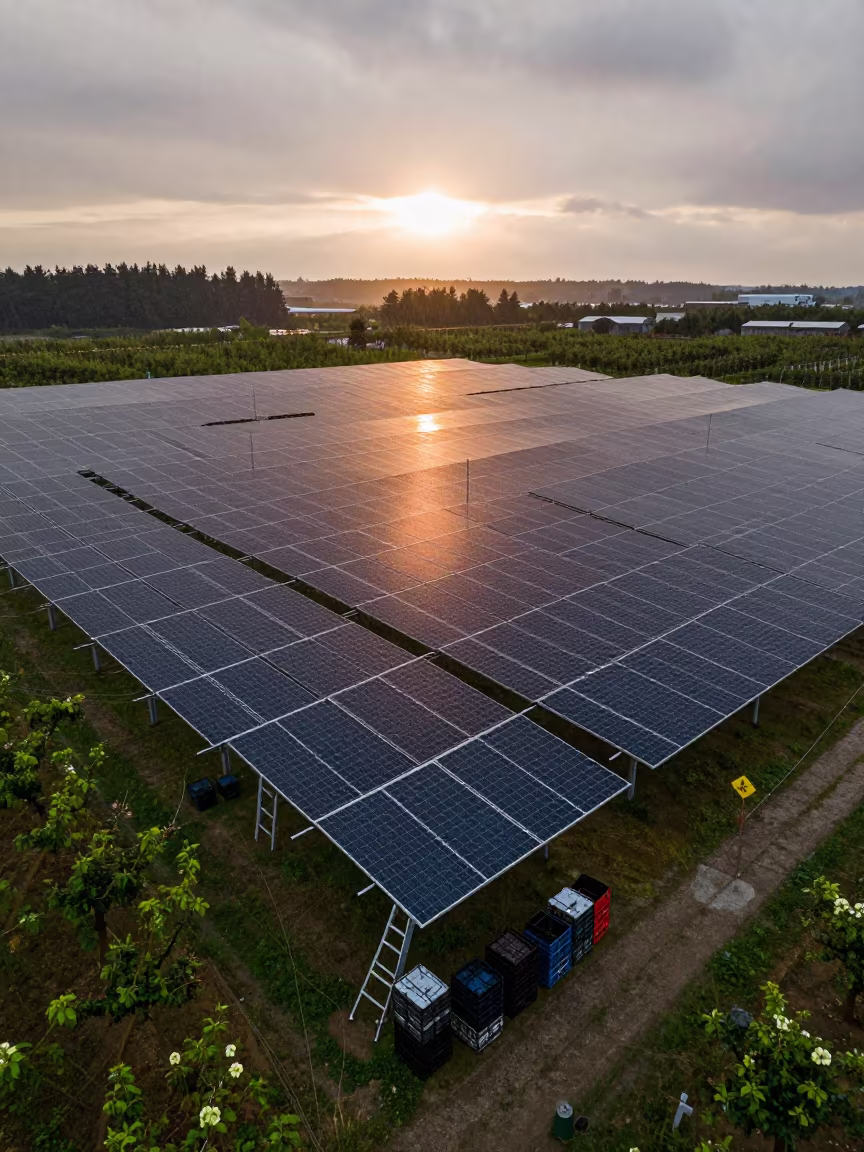 Silhouetted Solar Farm in Washington Monsoon Drizzle in among orchard ladders and crates in Washington