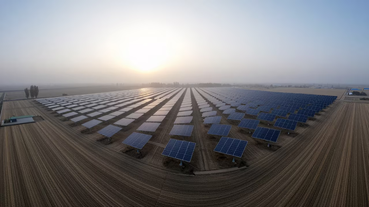 Silhouetted Solar Panels Over Autumn Harvest Field in across a harvested grain field near Isfahan