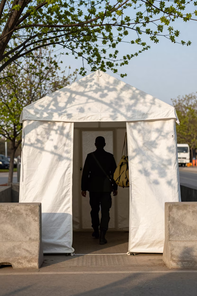 Silhouetted Soldier at Jiangsu Decontamination Tent in at a checkpoint lane in Jiangsu