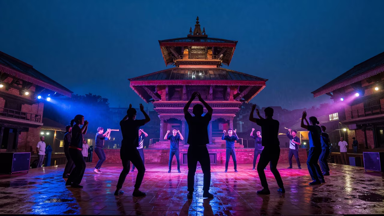Silhouetted Son Band on Bhaktapur Stage at Night in on a theater stage in Bhaktapur