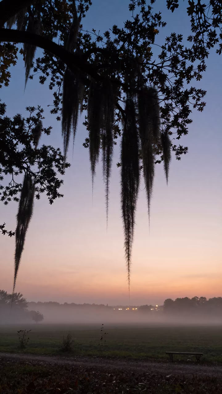 Silhouetted Spanish Moss in Foggy Twilight in in the Loire Valley