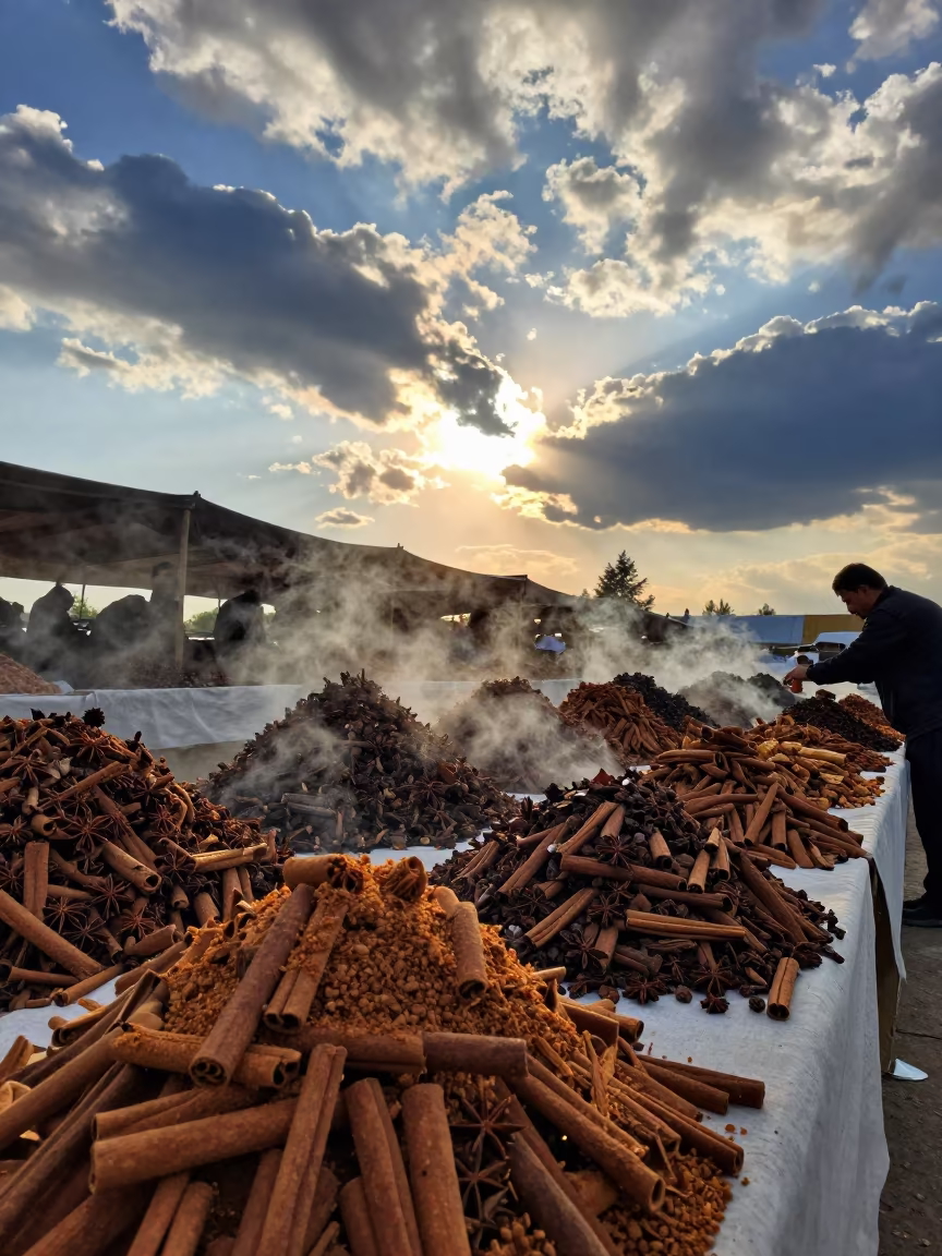 Silhouetted Spice Mounds and Falling Steam in Bishkek in at a flower auction bench in Bishkek