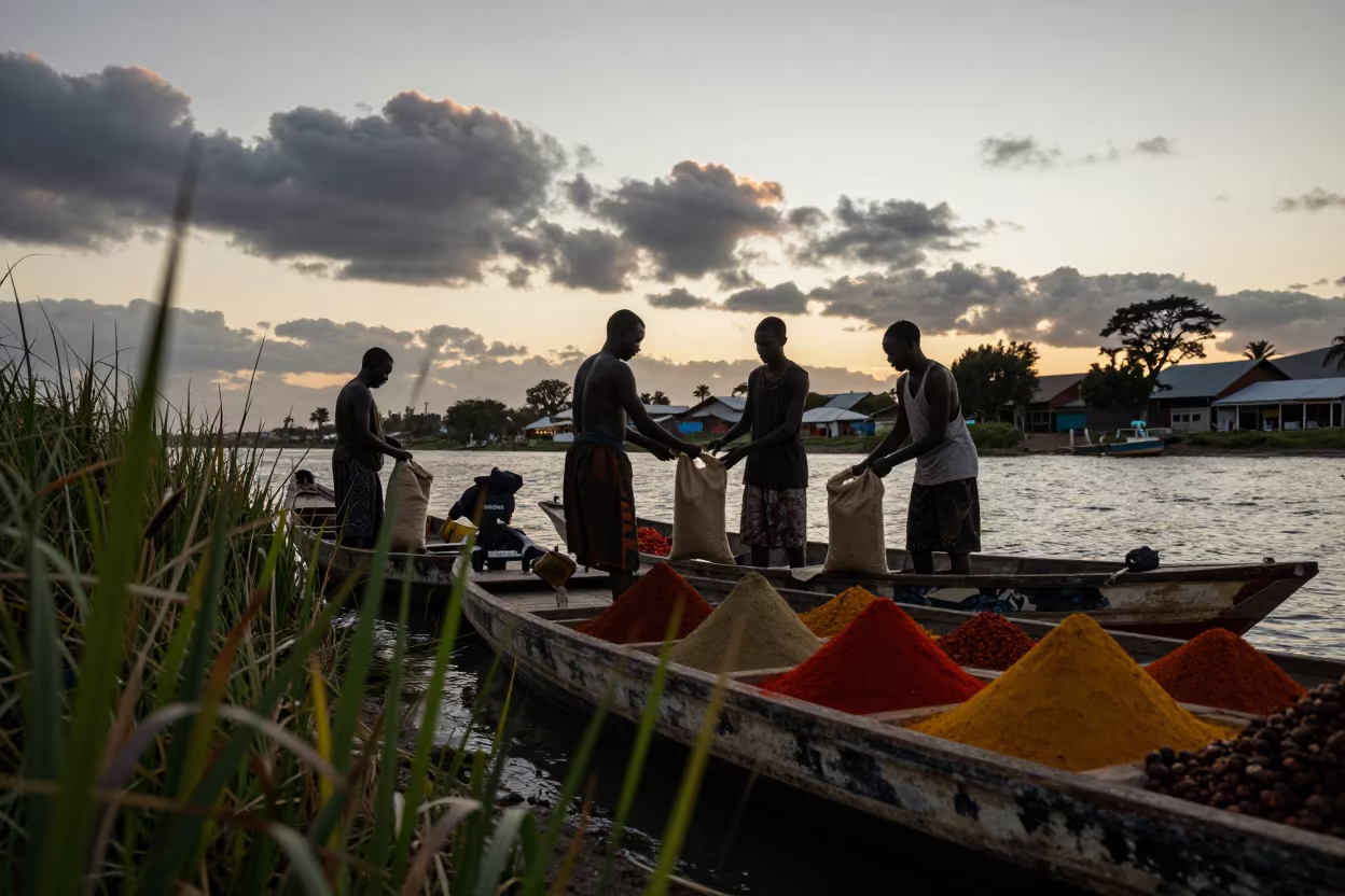 Silhouetted Spice Trade on Cape Town Canal in at a spice vendor's table in Cape Town