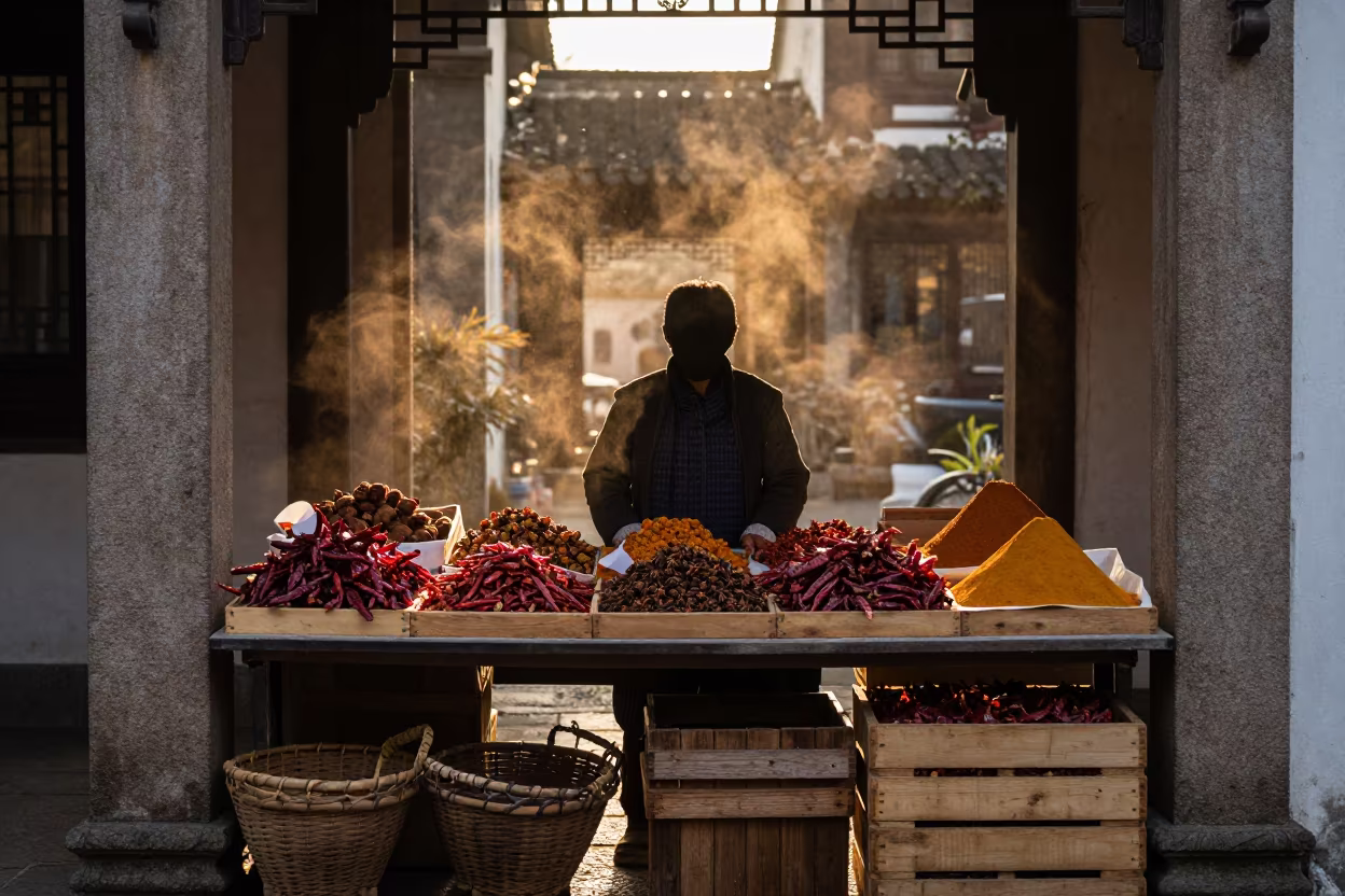 Silhouetted Spice Vendor at Golden Hour in Suzhou in at a spice vendor's table in Suzhou