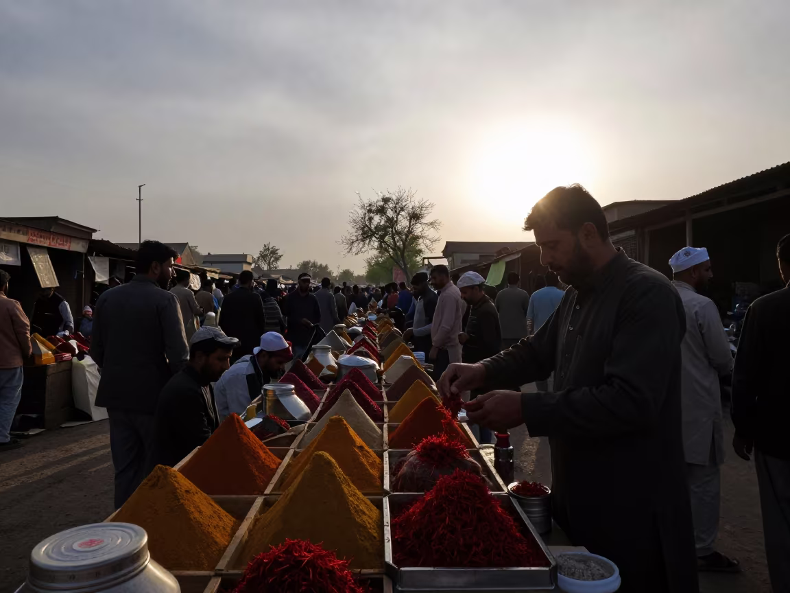Silhouetted Spice Vendor Saffron in Kohat Market in in a flea market lane in Kohat
