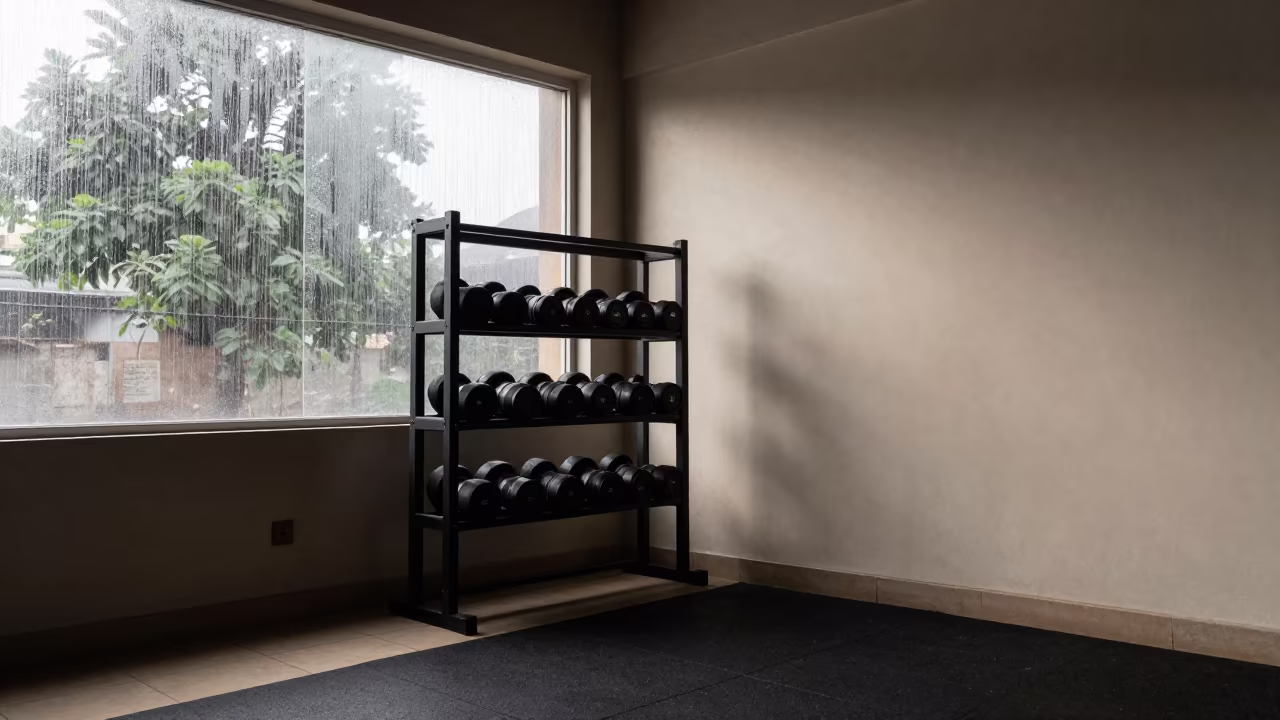 Silhouetted Spin Studio Packet Shelf Rainy Season in inside a spin studio under class lights near Aurangabad