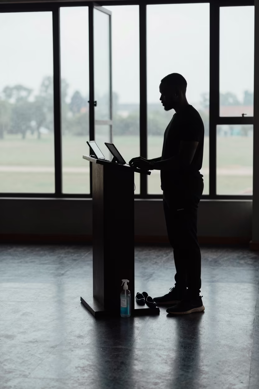 Silhouetted Spin Studio Podium at Dawn in Bouake in inside a cardio floor facing tall windows in Bouake