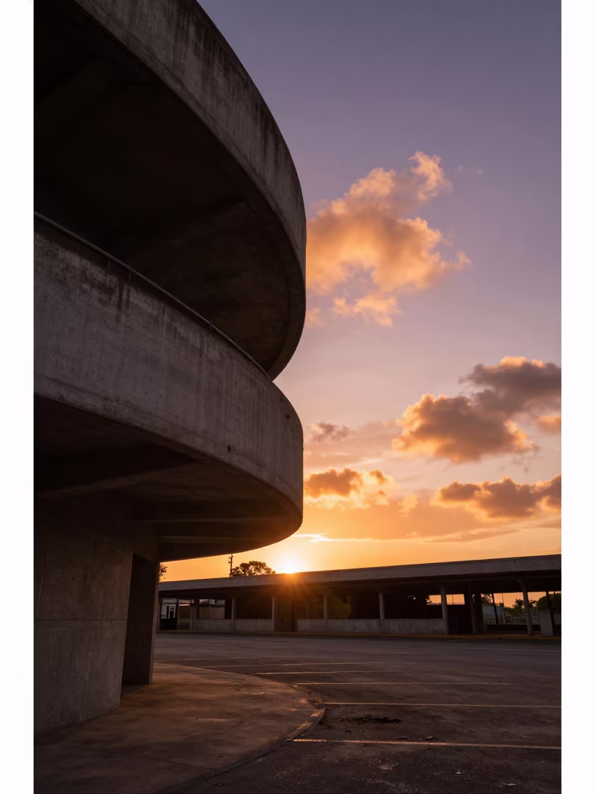 Silhouetted Spiral Ramp in Restored Train Terminal in inside a restored train terminal near Villahermosa
