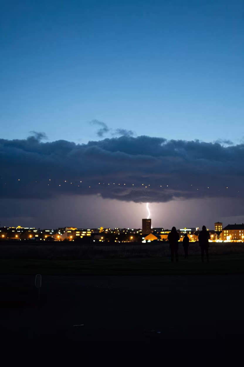 Silhouetted Sprites Over Hull Thunderstorm Plain in across a storm-bright plain near Kingston upon Hull