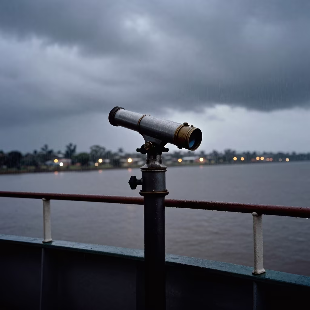 Silhouetted Spyglass on Windy Causeway Railing in on a wind-open causeway in Northern Territory