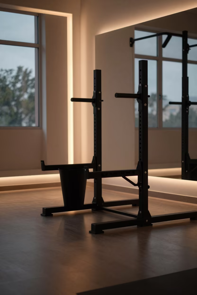 Silhouetted Squat Rack J-Cup in Lahore Studio in inside a yoga studio before the session begins in Lahore