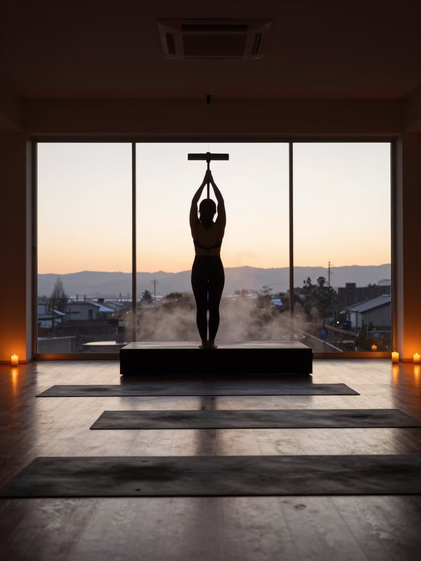 Silhouetted Squeegee in Chiba Yoga Studio in inside a yoga studio before the session begins near Chiba