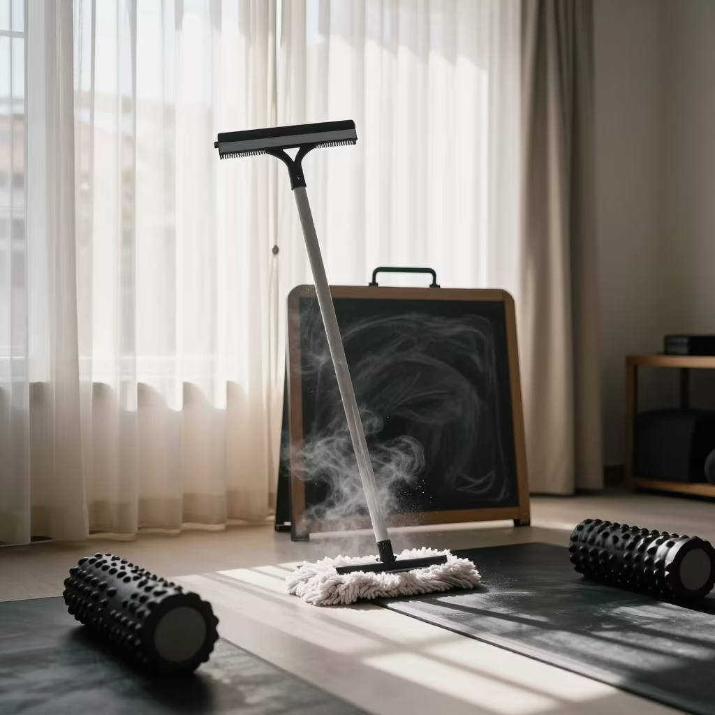 Silhouetted Squeegee in Zanzibar Recovery Lounge in inside a recovery lounge beside foam rollers in Zanzibar