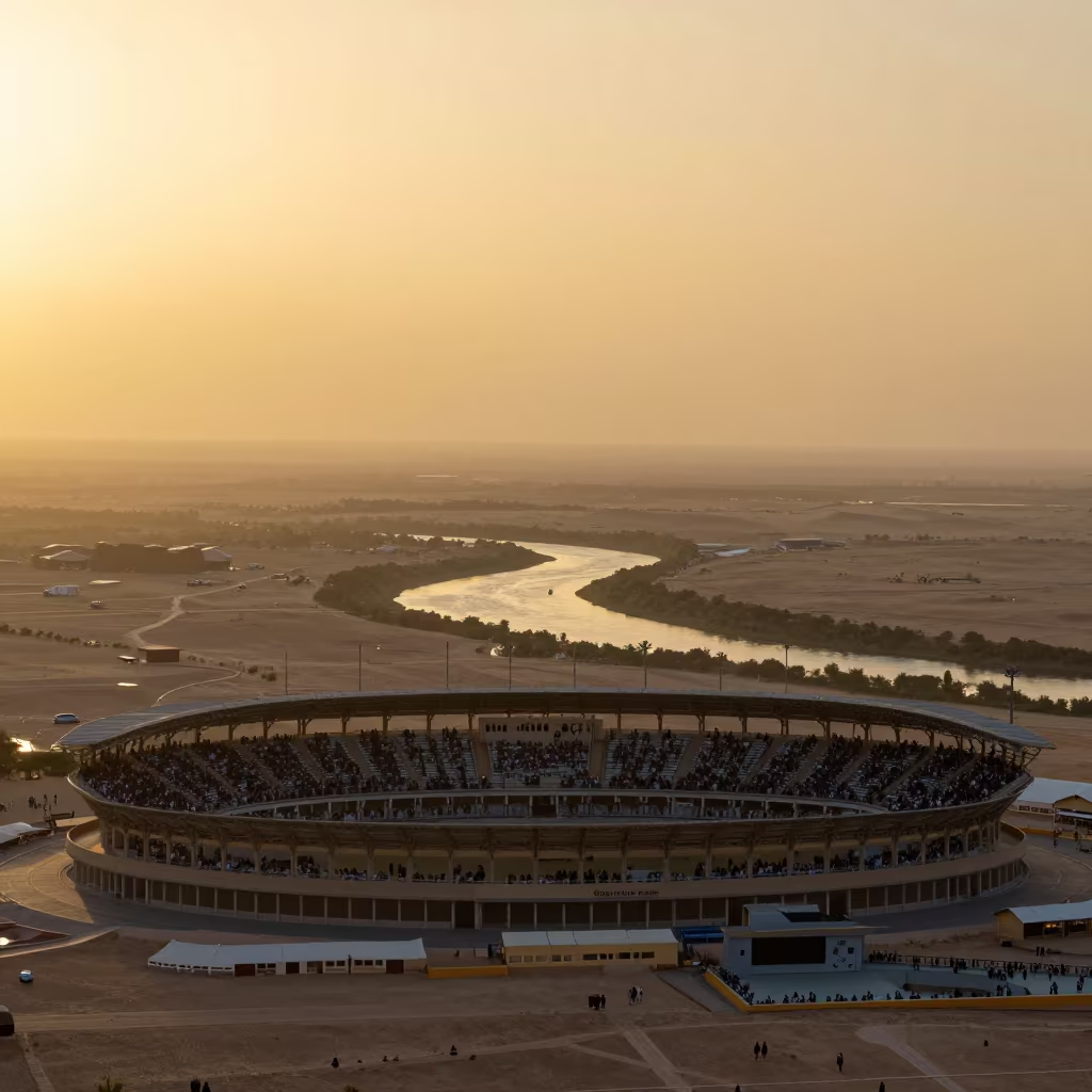 Silhouetted Stadium Above River Meanders in far above river meanders in Saudi Arabia