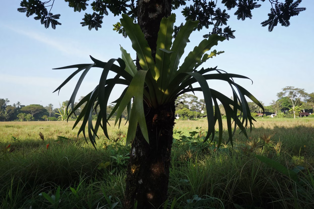Silhouetted Staghorn Fern in Balinese Meadow Light in in a bloom-heavy meadow near Denpasar