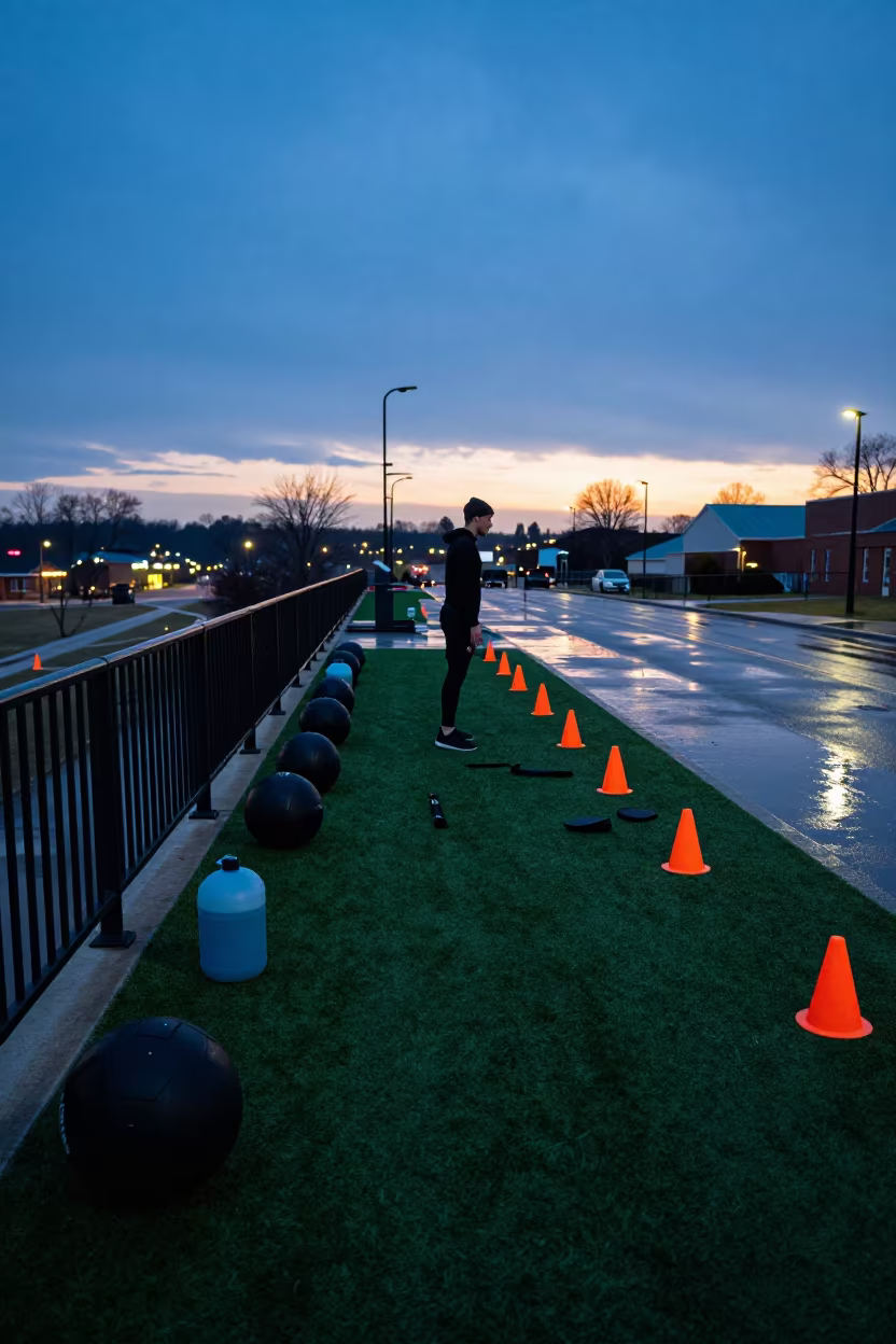 Silhouetted Stair Workout Gear at Blue Hour in along a turf bootcamp lane outside the gym in Des Moines