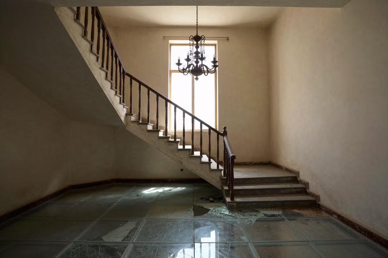 Silhouetted Staircase in Nile Delta Hotel Ruin in in a derelict ward with shattered glass underfoot in the Nile Delta
