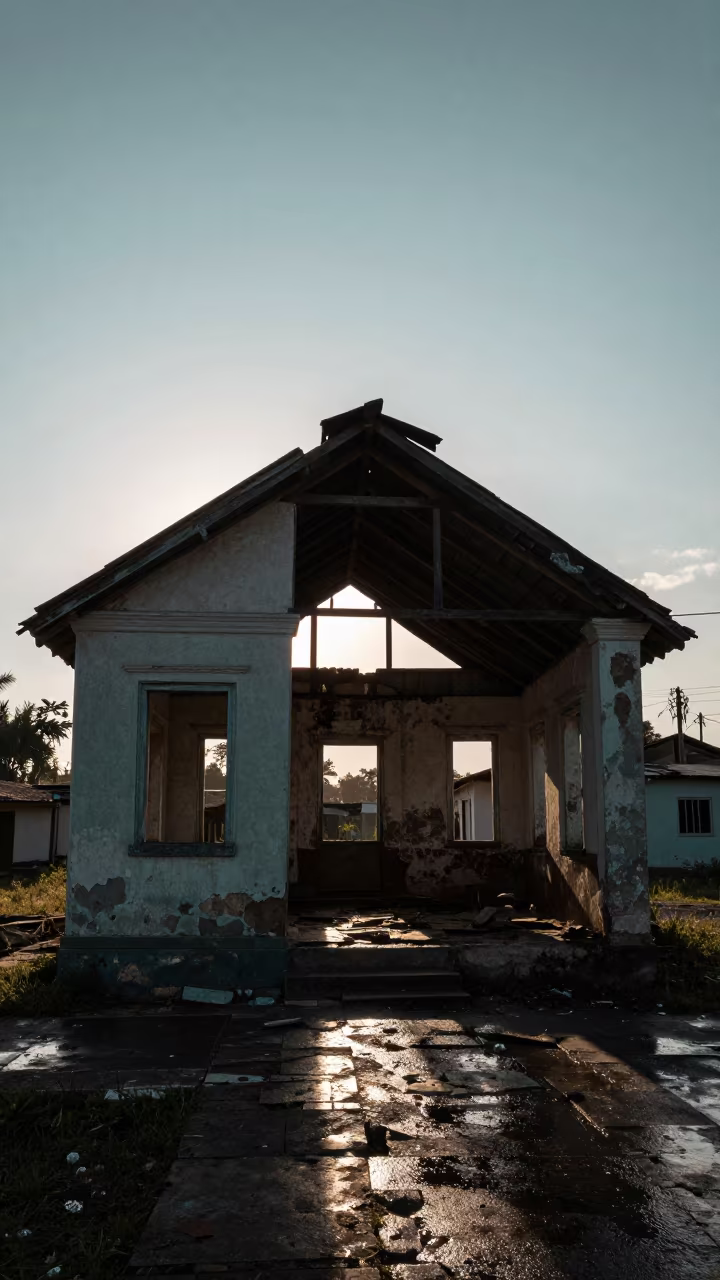 Silhouetted Station Master House Ruin in inside a roofless nave near Guantánamo