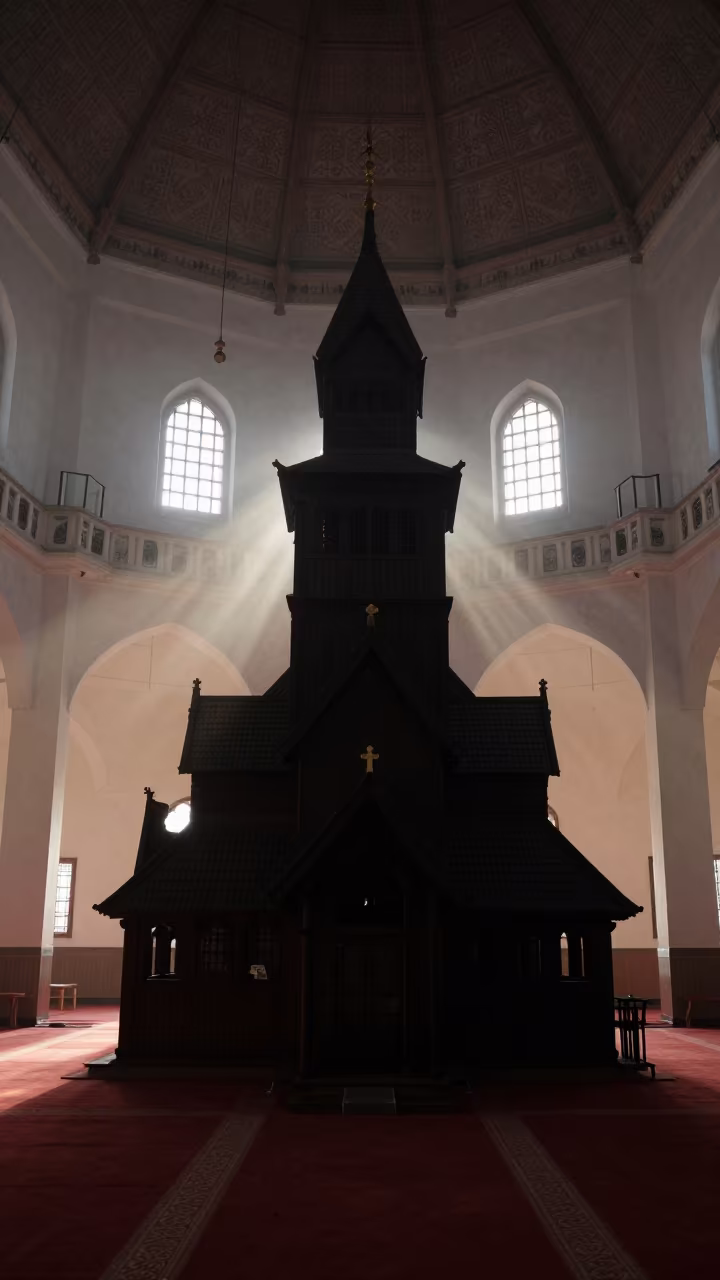 Silhouetted Stave Church in Gusau Mosque in in a mosque prayer hall in Gusau