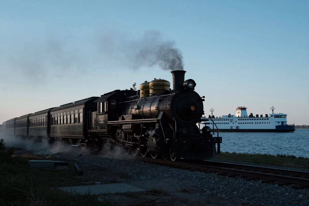 Silhouetted Steam Train on Detroit Ferry at Dusk in across a remote ferry crossing near Detroit