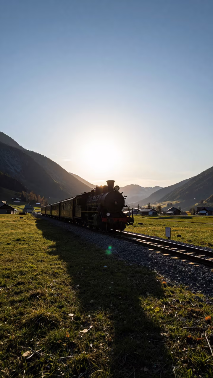 Silhouetted Steam Train Tyrolean Alpine Sunset in in Tyrol