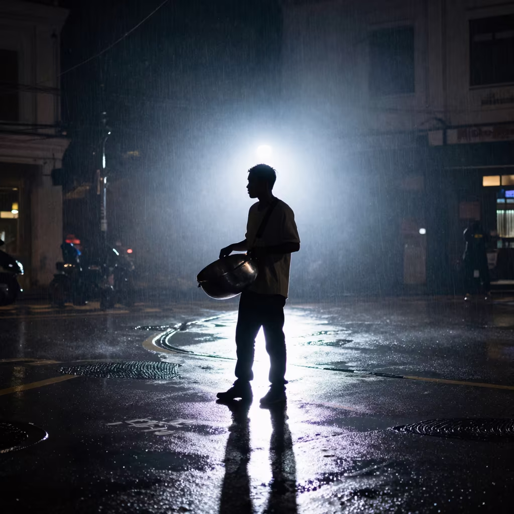 Silhouetted Steel Drum Musician Under Night Spotlights in at a street corner busking spot in Ipoh