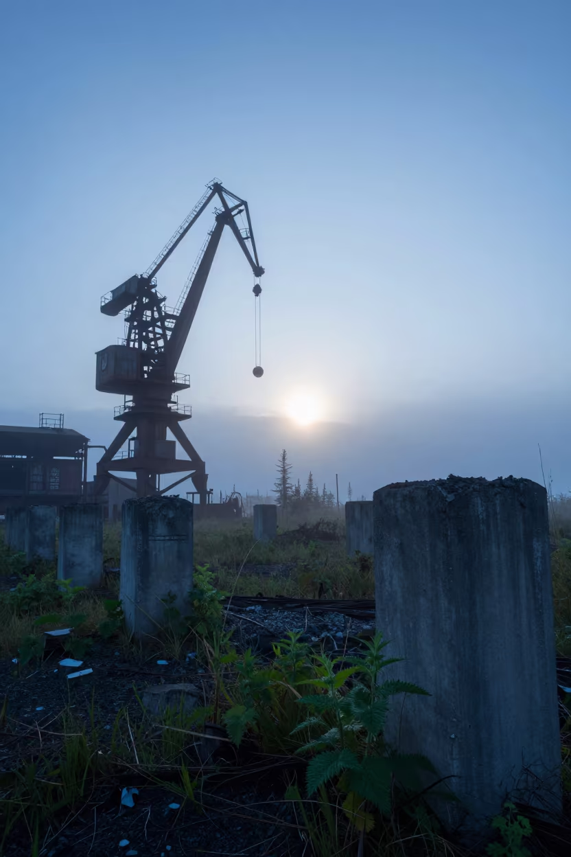 Silhouetted Steel Mill Cranes in Alaskan Mist in among toppled columns and nettles in Alaska