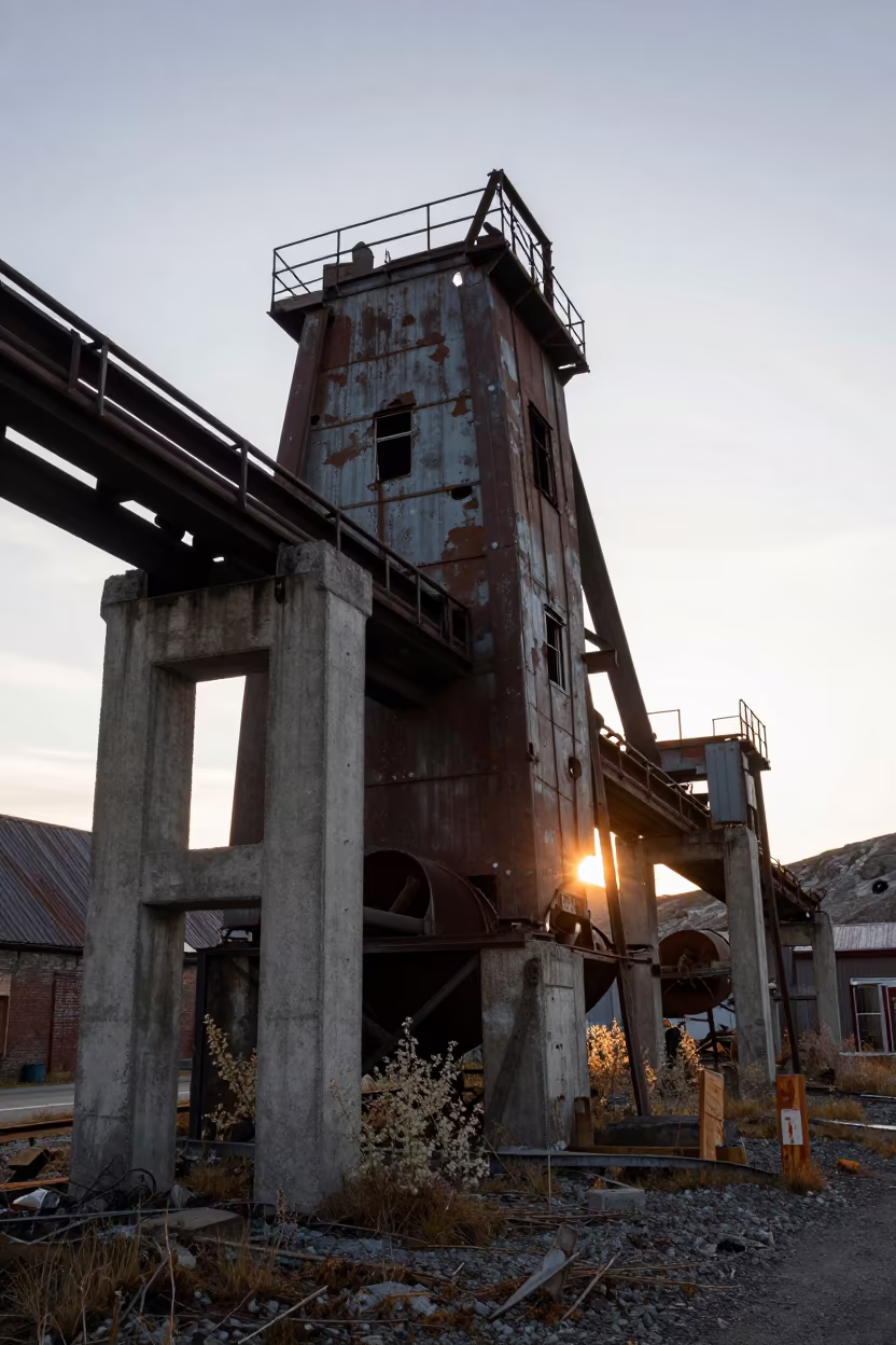Silhouetted Steel Rolling Mill in Norwegian Ruin in among toppled columns and nettles in Norway