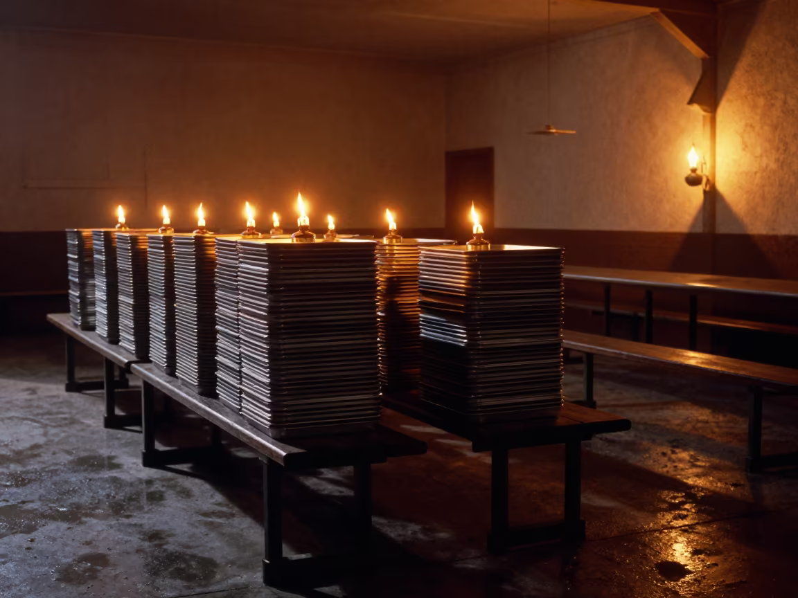 Silhouetted Steel Trays in Indiana Mess Hall in inside a command post in Indiana