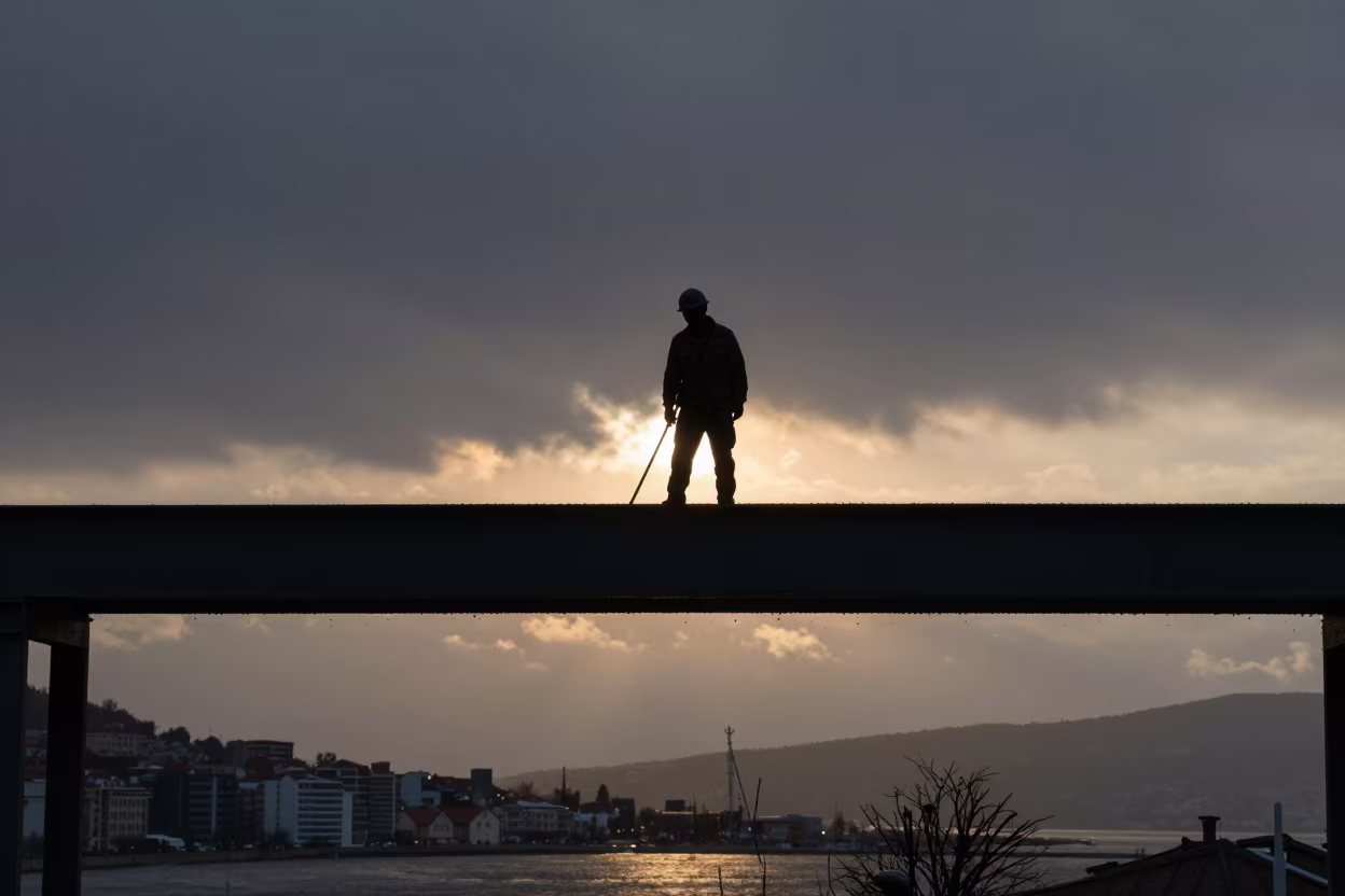 Silhouetted Steelworker Sunset Batumi Winter in in Batumi