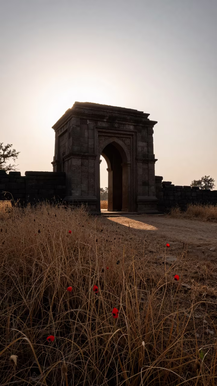 Silhouetted Stone Gate Amid Dry Poppies in near Amravati