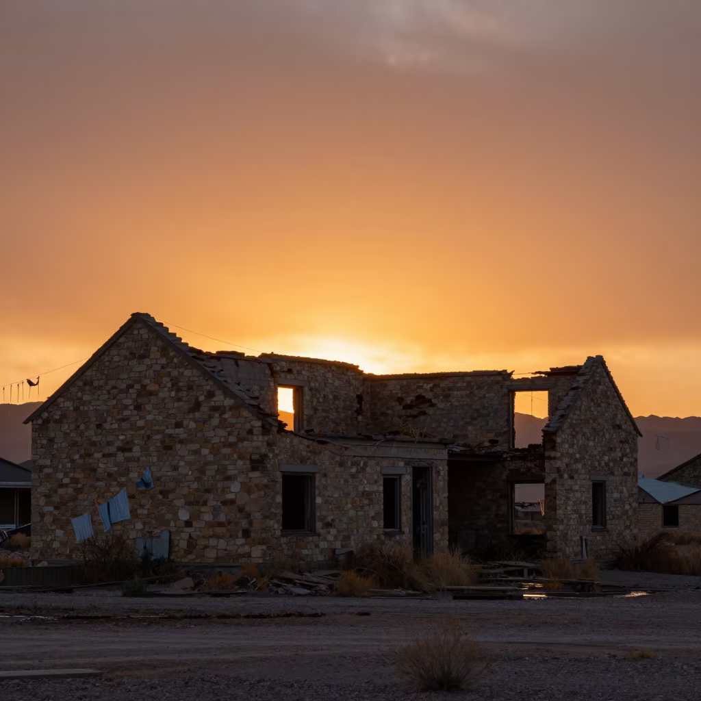 Silhouetted Stone Ruins with Laundry Lines at Sunset in among roofless stone chambers in Nevada