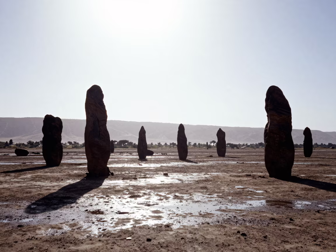 Silhouetted Stone Trees After Rain in across a floodplain after rain near Omdurman