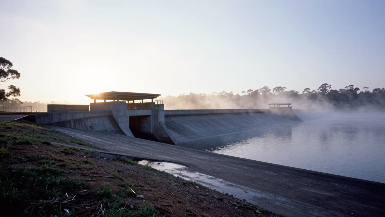 Silhouetted Storm Drain Along Australian Dam at Sunset in along a dam spillway in Australia