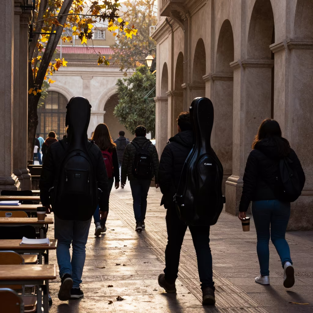Silhouetted Students Crossing Campus With Violin Cases in beneath a university cloister in San Francisco de Campeche