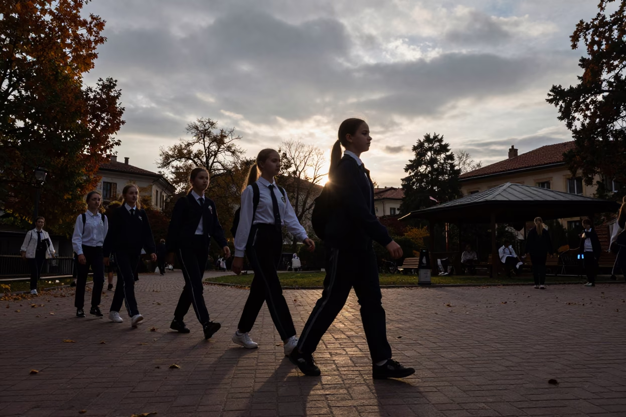Silhouetted Students Crossing Courtyard at Twilight in outside a brick lecture building in Veliko Tarnovo