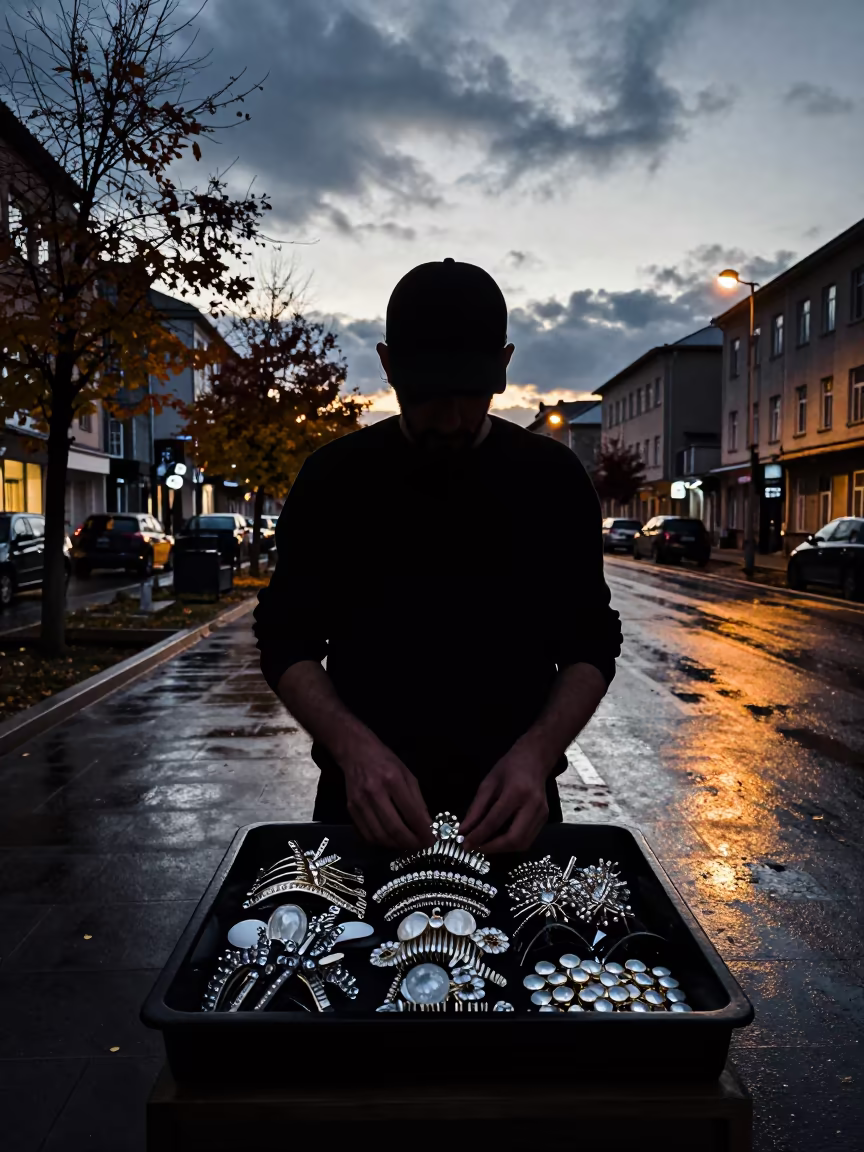Silhouetted Stylist Sorting Crystal Clips in on a rain-darkened city sidewalk near Zonguldak