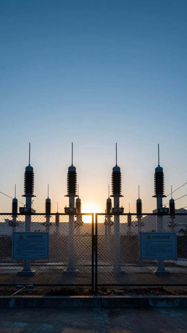 Silhouetted Substation Fence Dew at Shenzhen Dam in along a dam spillway in Shenzhen