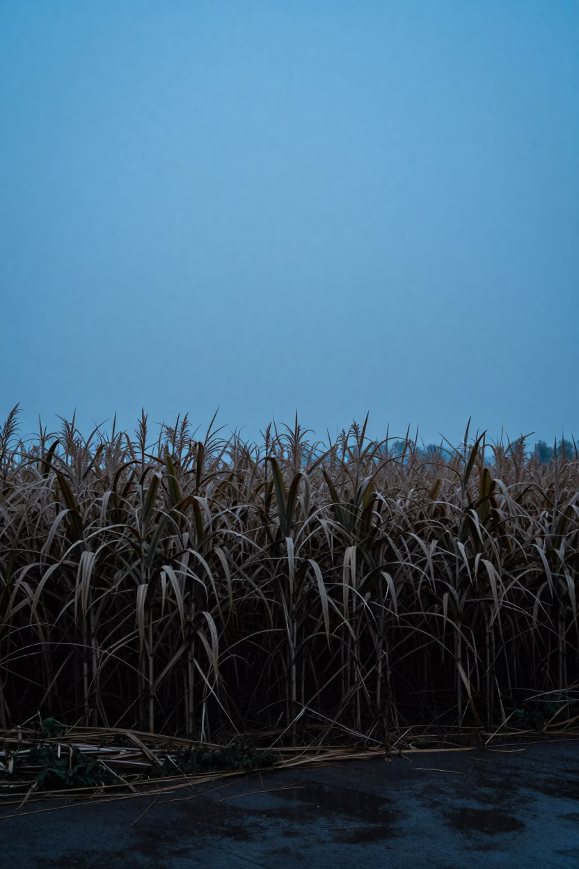 Silhouetted Sugar Cane Field in Beijing Rain in across a harvested grain field near Nanluoguxiang, Beijing