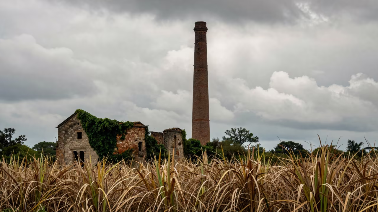 Silhouetted Sugar Mill Chimney Amidst Ivy in Buea in beside ivy-draped masonry near Buea