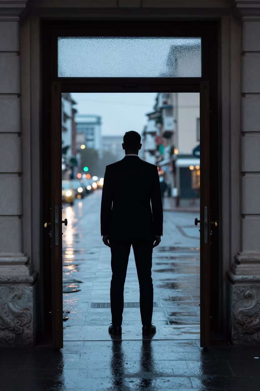 Silhouetted Suiting in Winter Rain at Fashion Week in on a rain-darkened city sidewalk near Denizli